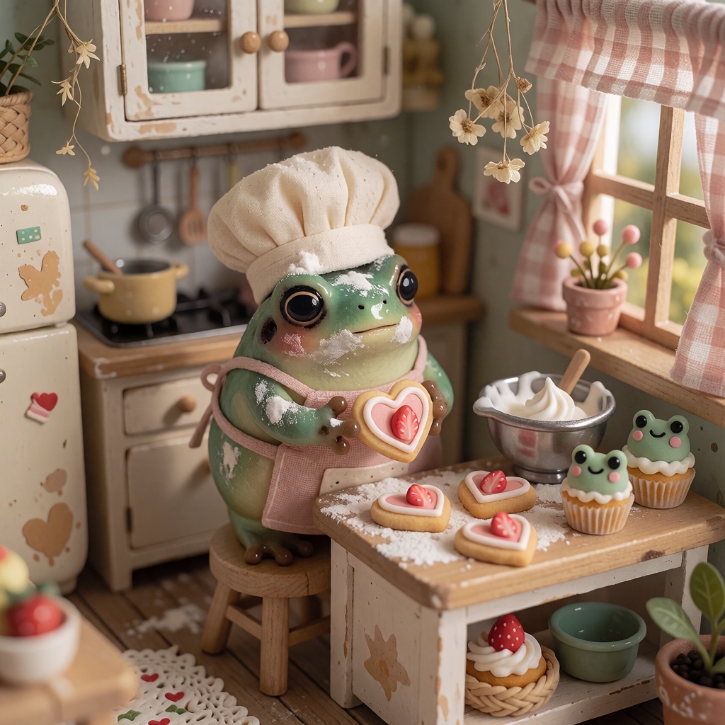 A chubby emerald frog wearing an oversized cream-colored chef hat and a pink apron,  standing on a tiny wooden stool to de...