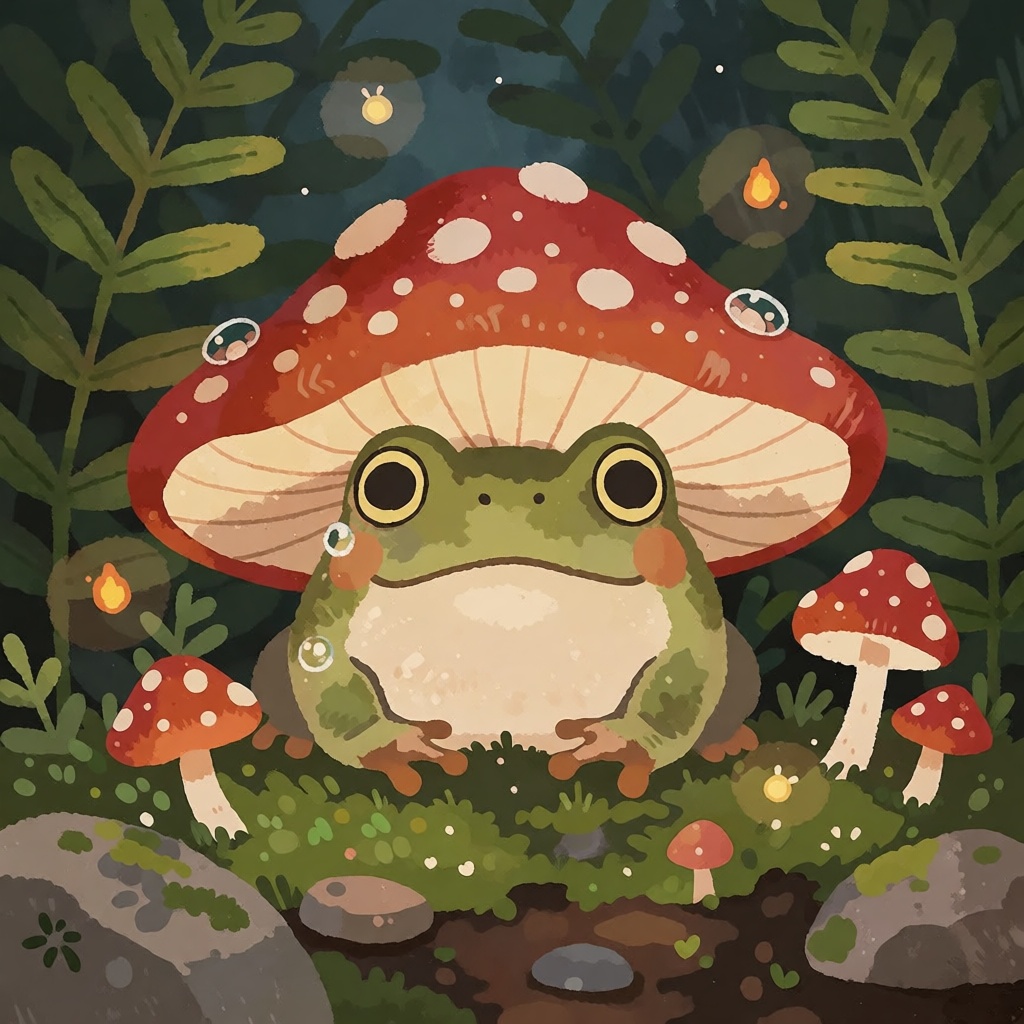 An adorable chubby frog wearing an oversized red-and-cream spotted mushroom cap,  peeking out from beneath a cluster of ti...
