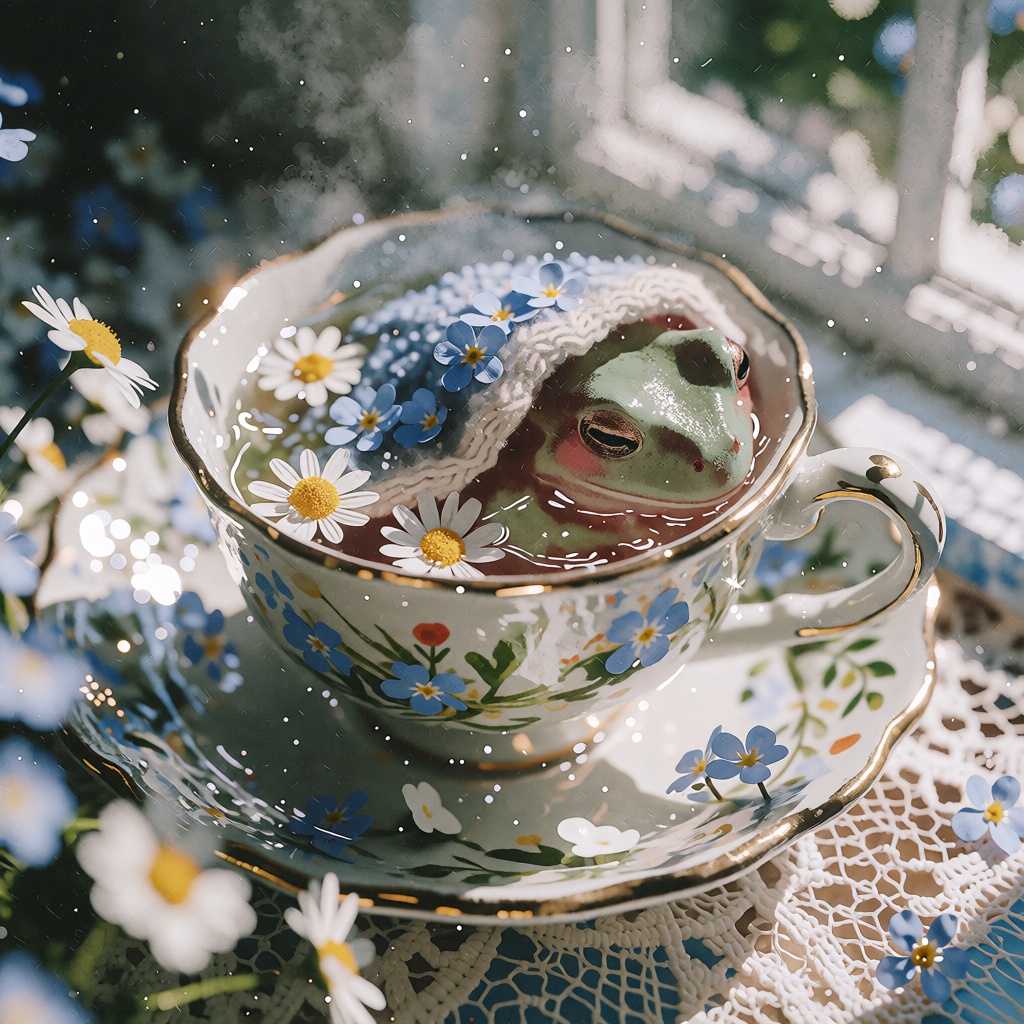 A tiny sleepy sage-green frog curled up inside a porcelain teacup decorated with little blue forget-me-nots,  a miniature...