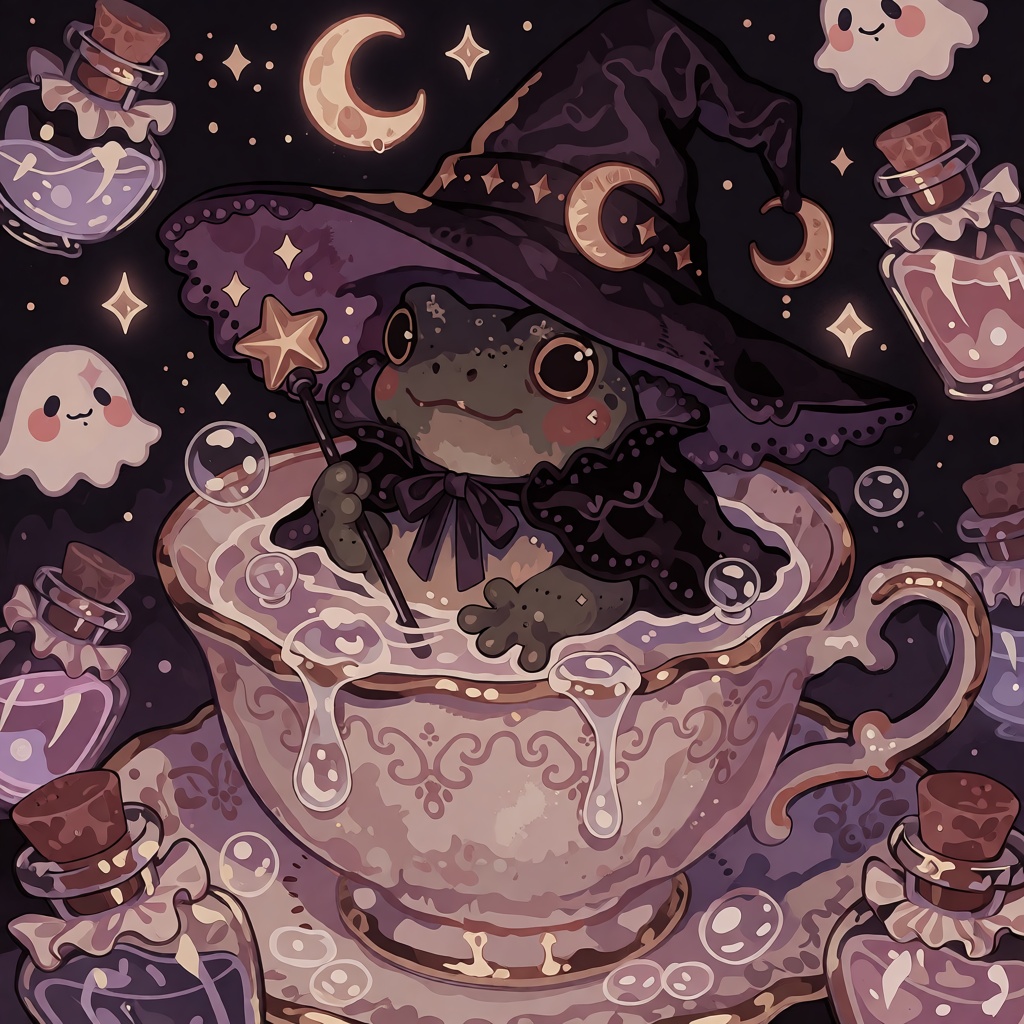 A tiny round dark-green frog wearing an enormous plum-purple witch hat decorated with crescent moons,  a black velvet cape...