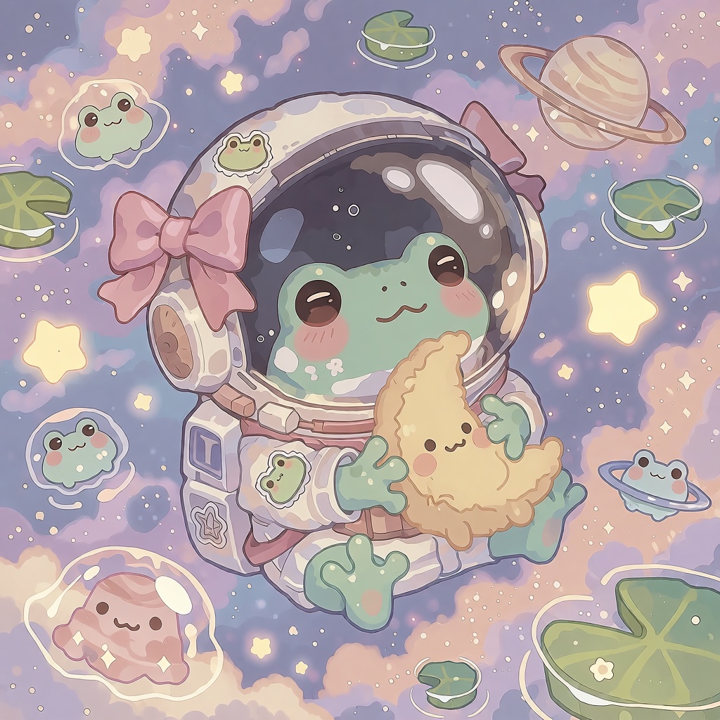 A tiny mint-green frog wearing an oversized rounded astronaut helmet with a pink bow attached to the side,  floating weigh...