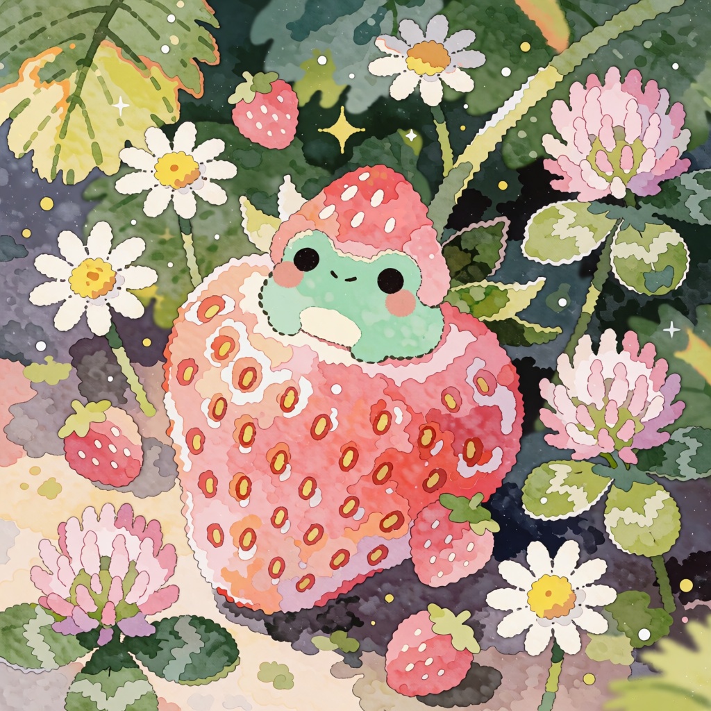 A tiny round mint-green frog wearing a strawberry-shaped hat,  sitting inside a giant ripe strawberry surrounded by miniat...