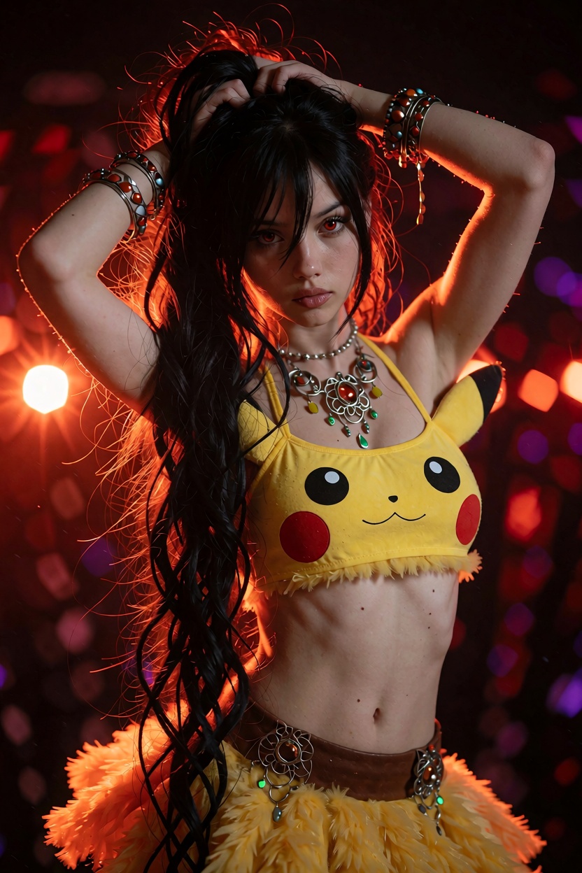 A medium shot of a female dancer from the waist up with very long black hair and a messy side ponytail and red eyes,  wear...