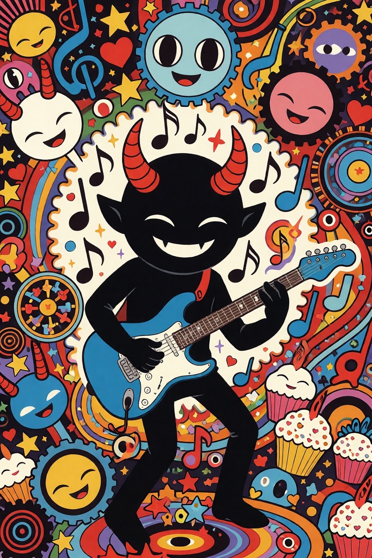 DecoDaal,  A smiling demon plays an electric guitar at the center of an elaborate collection of musical notes,  cartoon fa...