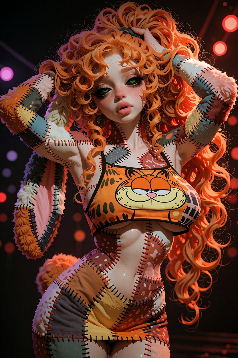 @Willamina,  patchwork anthro plush rabbit girl,  long dangling patchwork lop rabbit ears on Tensor.Art