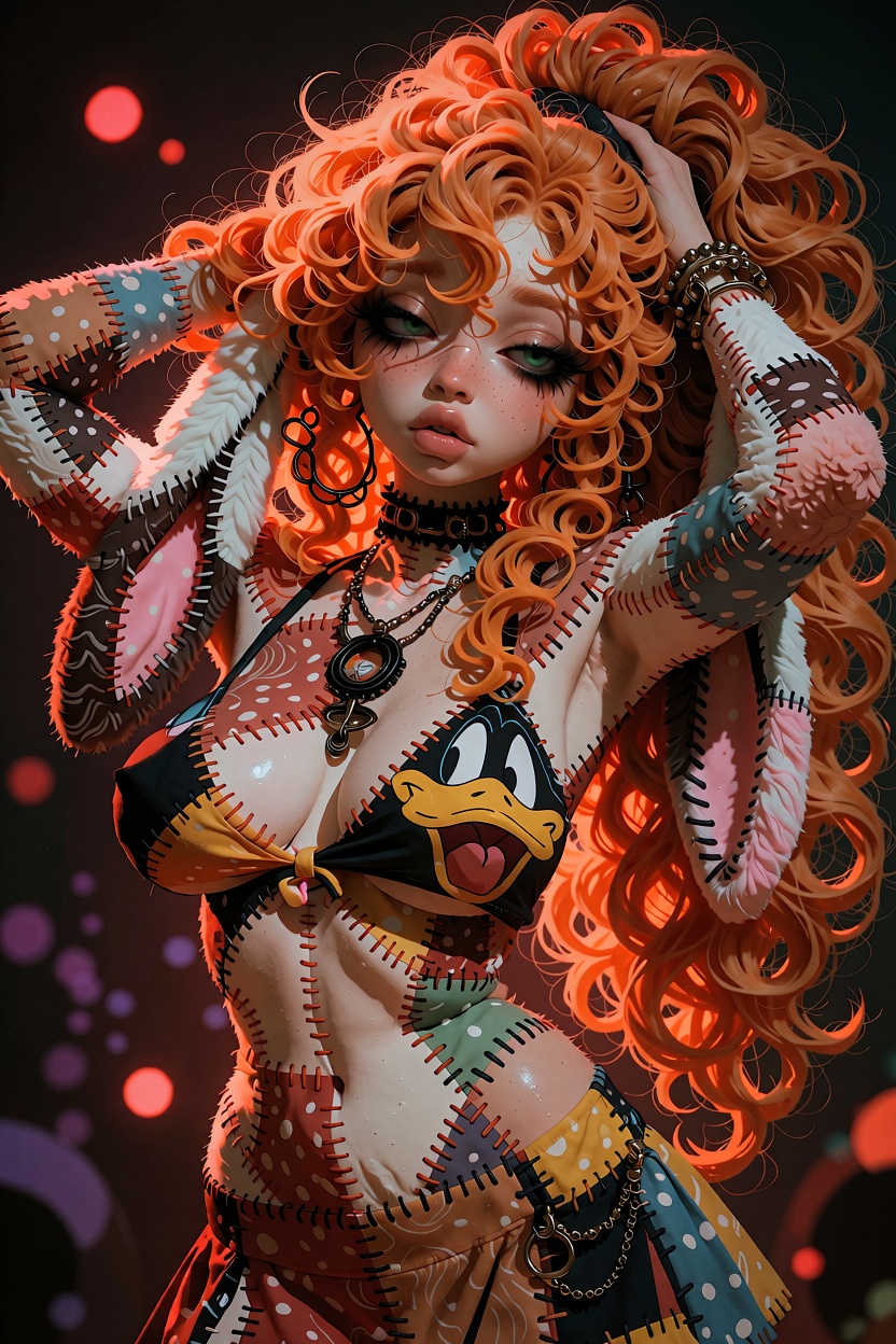 @Willamina,  patchwork anthro plush rabbit girl,  long dangling patchwork lop rabbit ears on Tensor.Art