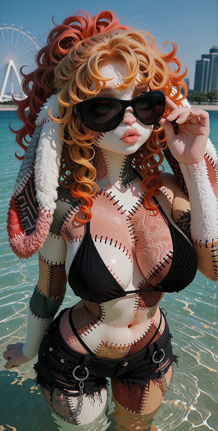 @Willamina,  patchwork anthro plush rabbit girl,  long dangling patchwork lop rabbit ears on Tensor.Art