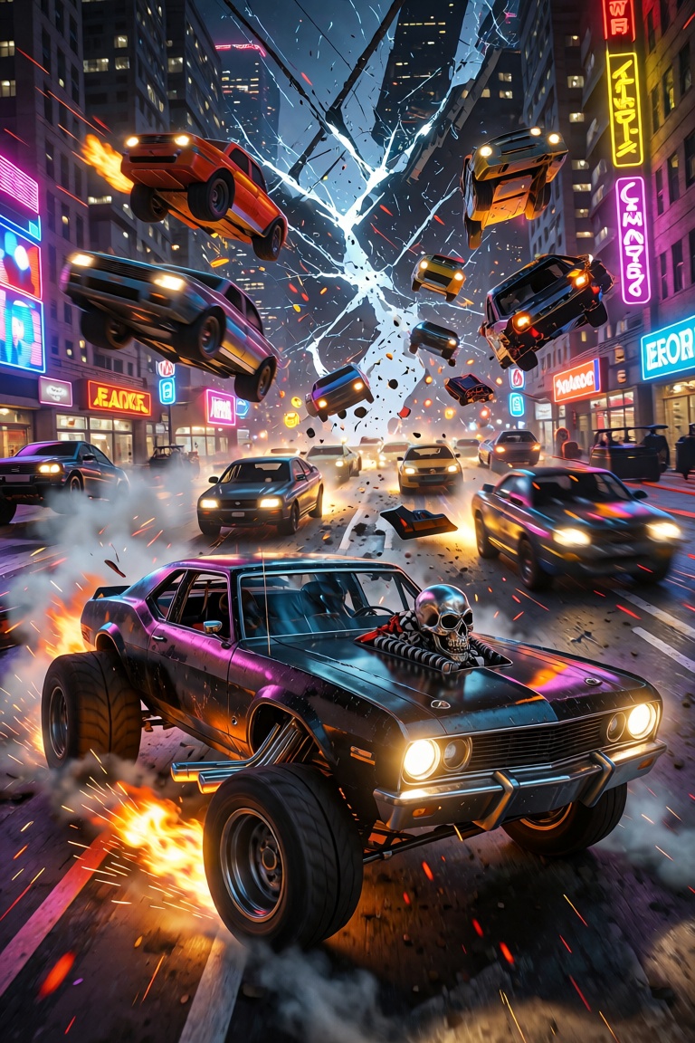 A chaotic cityscape bathed in the neon glow of streetlights is torn apart by a wild street race,  cars launching off ramps...
