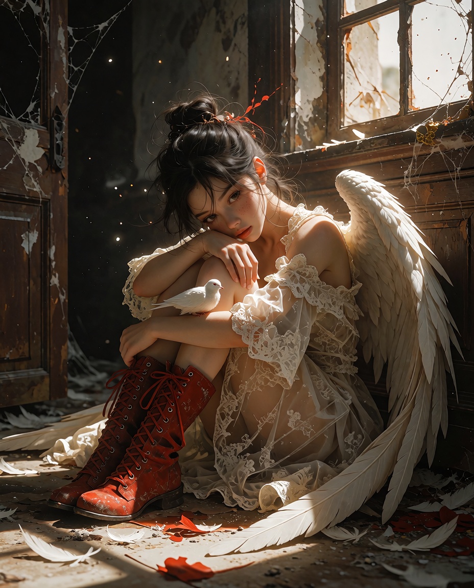 Cinematic dark fantasy portrait of a young winged woman sitting curled up on the dusty floor of an abandoned decaying mans...