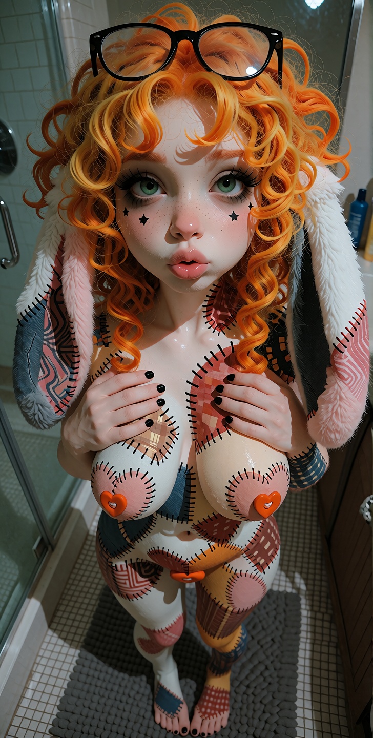 @Willamina,  patchwork anthro plush rabbit girl,  long dangling patchwork lop rabbit ears on Tensor.Art