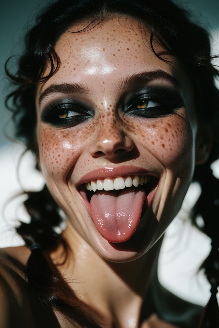 A head and shoulders portrait for a magazine cover featuring a beautiful young woman with a playful,  rebellious expressio...