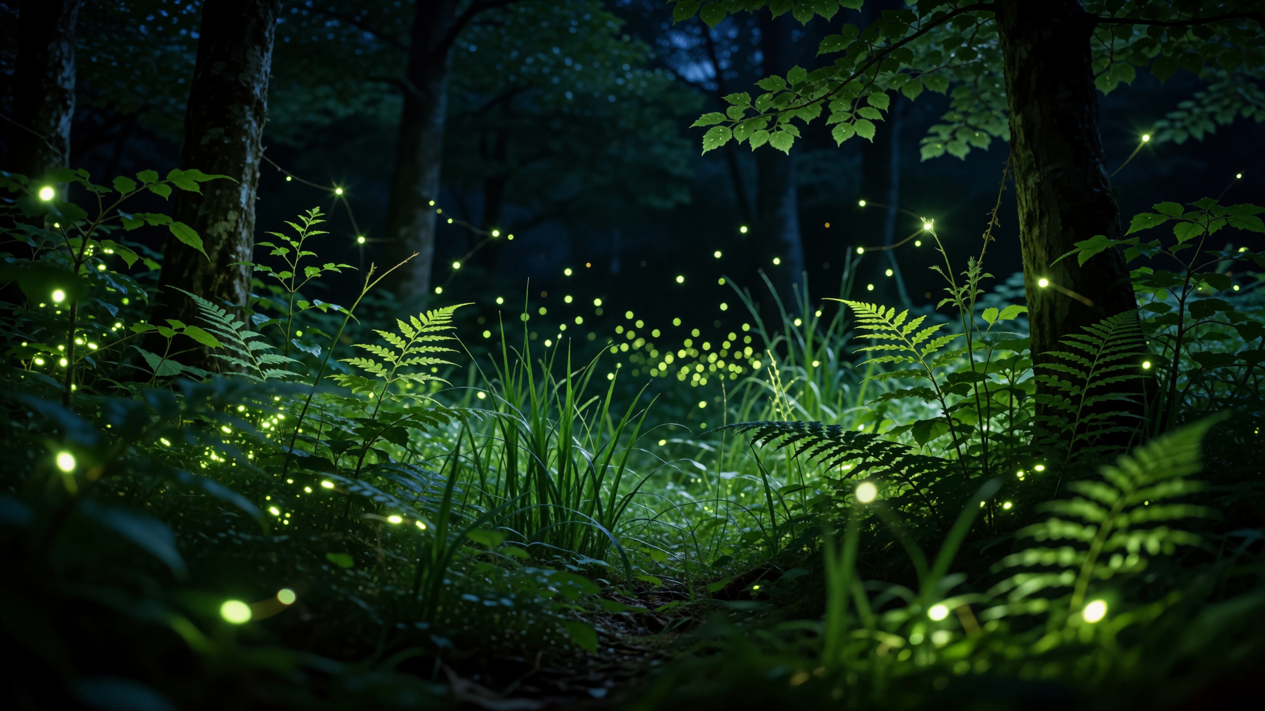 this photograph captures a magical forest scene at night,  illuminated by the soft,  glowing light of numerous fireflies o...