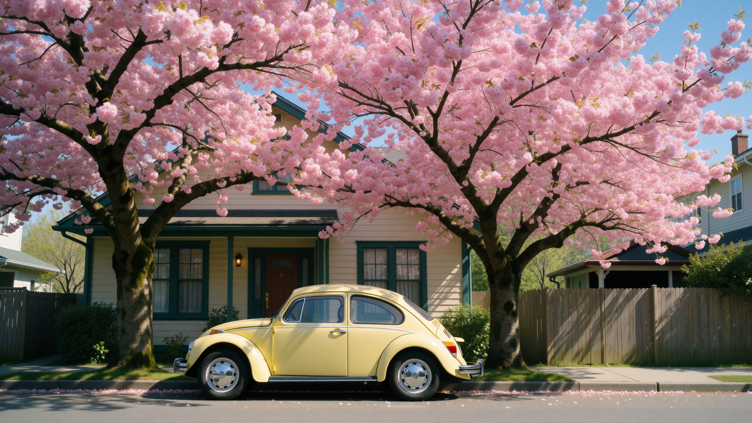 photograph of a pastel yellow vintage volkswagen beetle parked in front of a house with a large cherry blossom tree in ful...