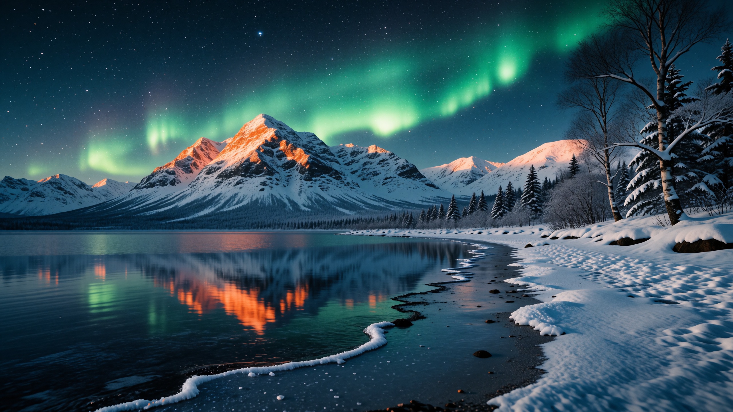 photograph of a serene winter night landscape,  snow-covered mountains with a warm orange glow from sunlight reflect off t...