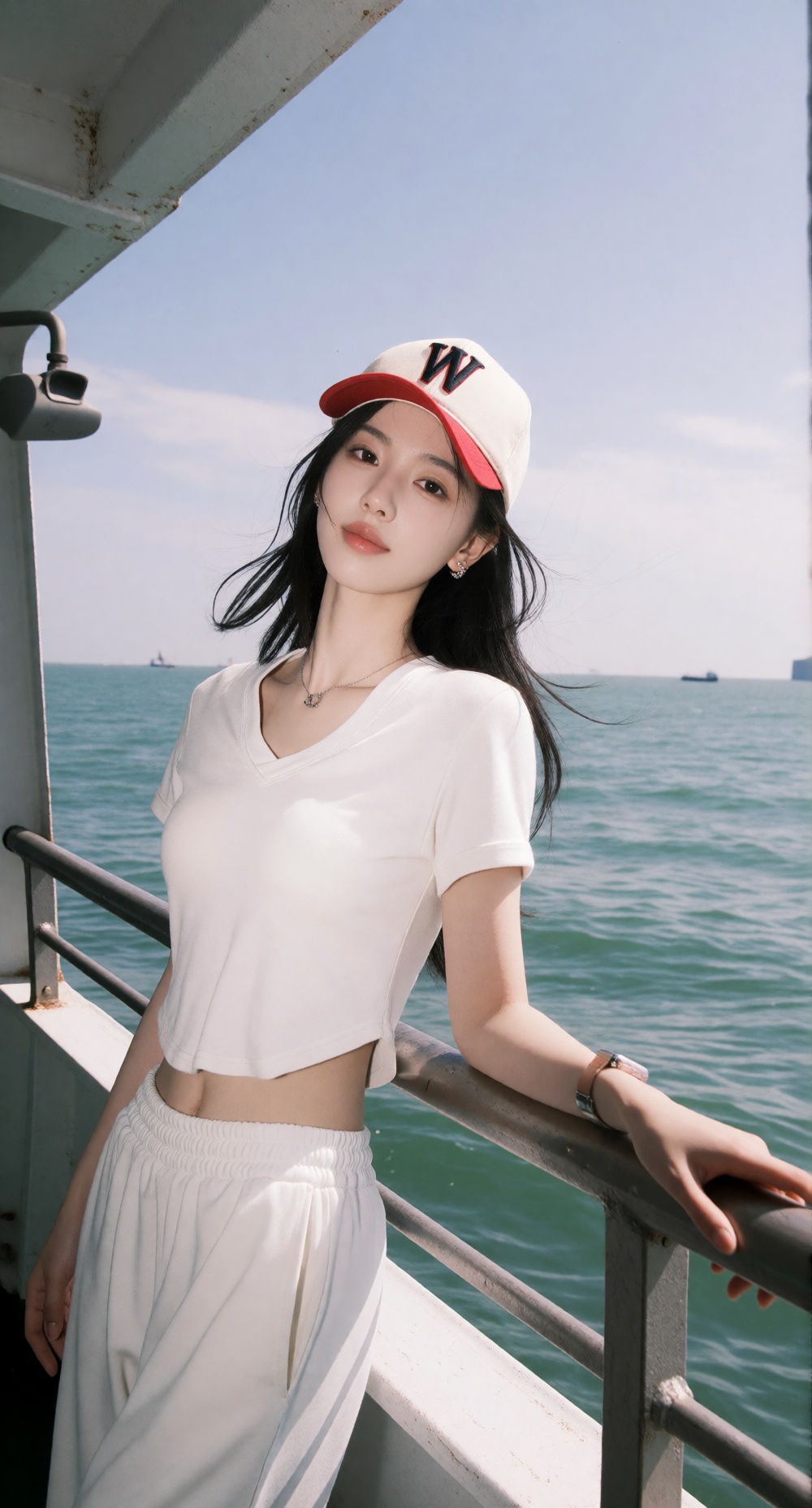 一位年轻女性站在渡轮或游船甲板的金属栏杆旁,  黑长直发随风轻扬,  头戴白色棒球帽 on Tensor.Art