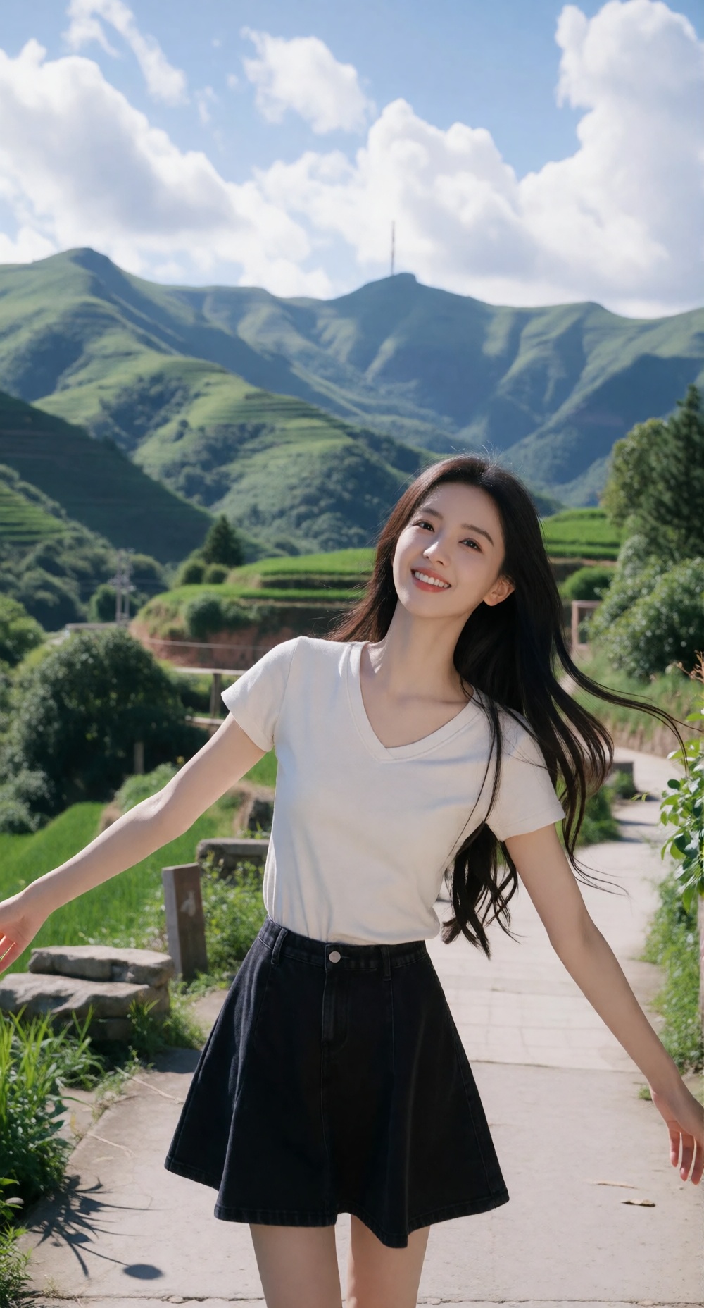 这张照片捕捉到了一位年轻女子站在风景如画的道路上的欢乐瞬间,  背景是令人叹为观止的山脉。她穿着简单而时尚的衣服：一件白色v领t恤搭配一条黑色a字裙。她的双臂张开,  长长的黑发随风飘扬 on Tensor.Art