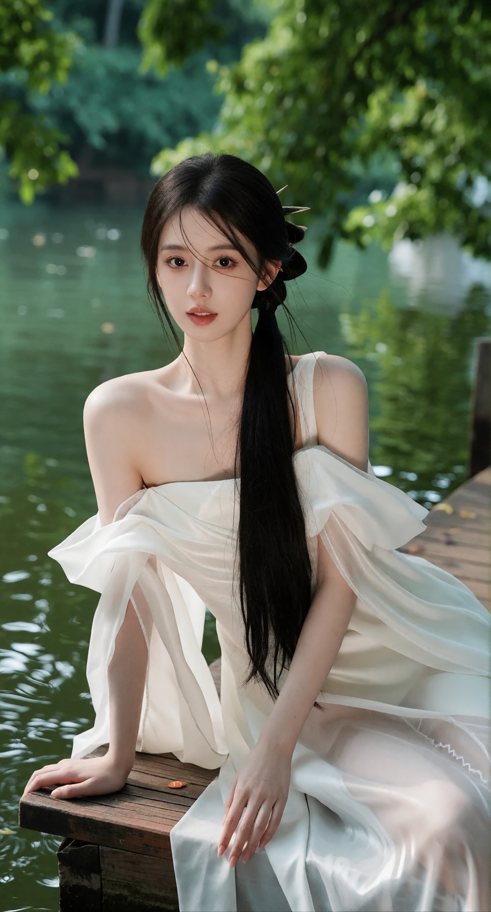 This is a high-quality photograph of an Asian woman with long,  straight black hair styled in a side ponytail,  adorned wi...