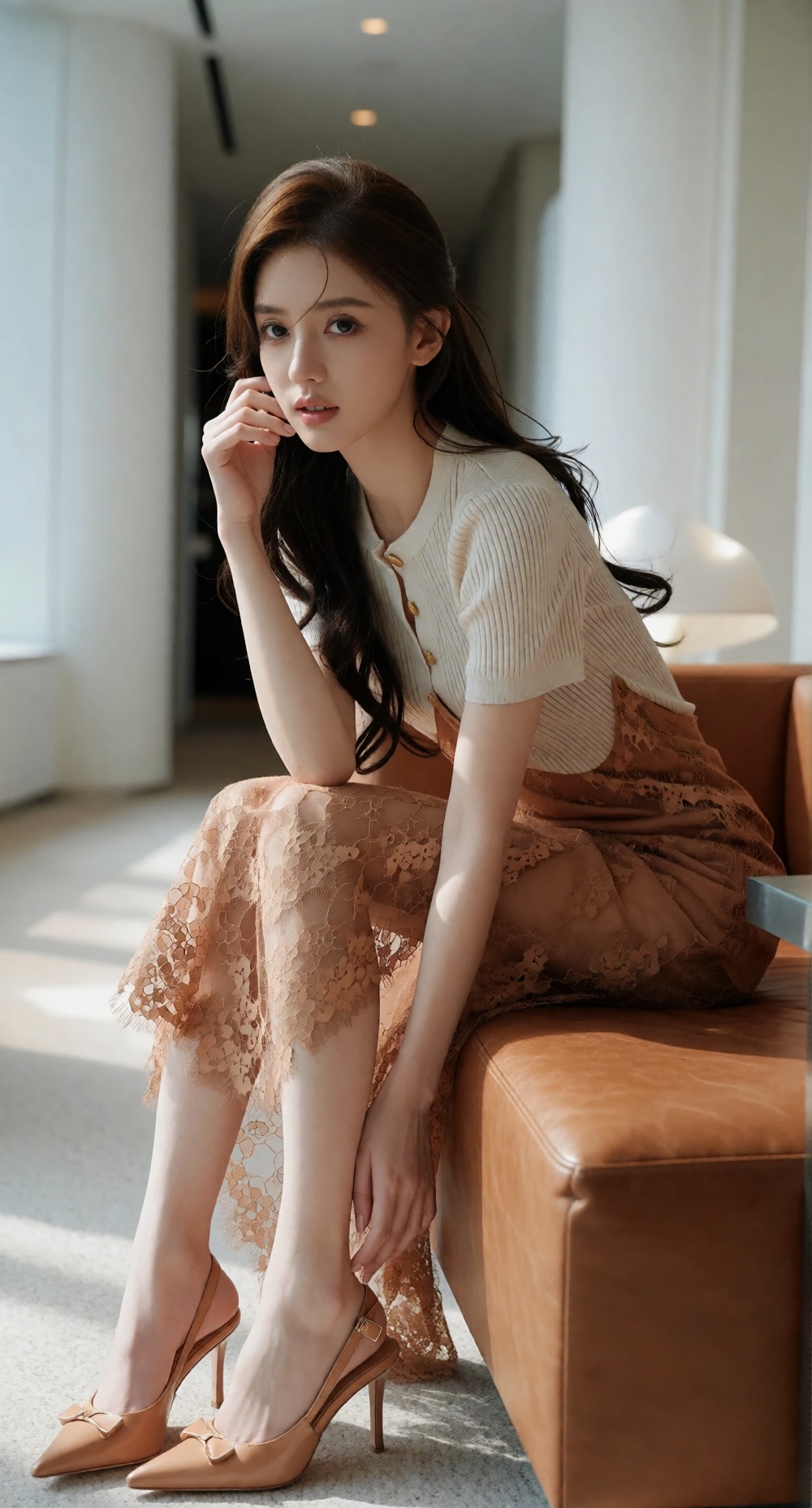 温婉气质东亚女生,  深棕微卷长头发,  米白色短款竖纹针织上衣 on Tensor.Art