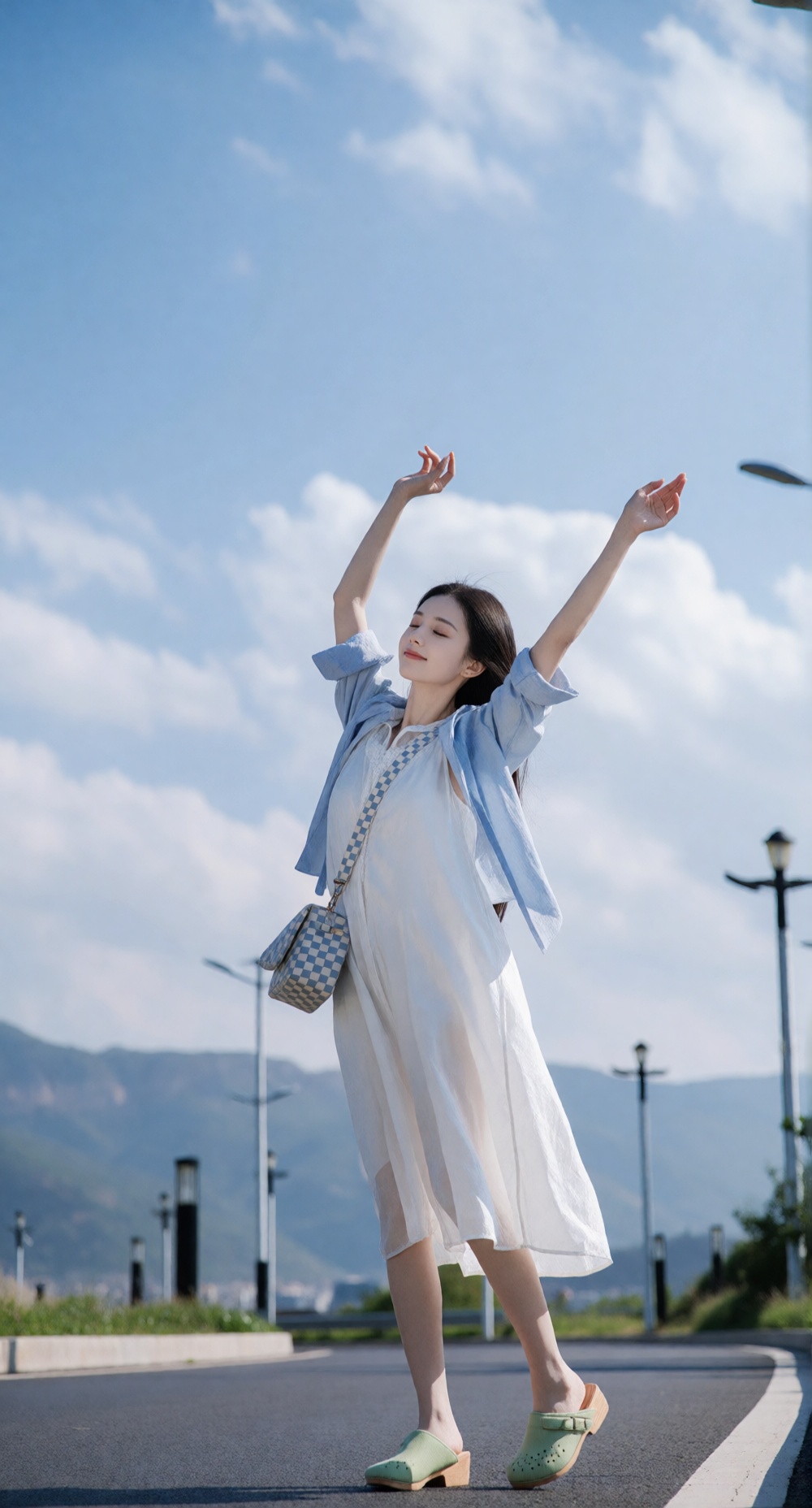 这幅画面捕捉了一个宁静而如画的瞬间,  天空广阔而湛蓝,  白云朵朵。一位女士站在安静的路边 on Tensor.Art