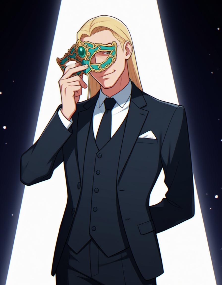 a man with long blonde hair. Medium shot from a low angle of a man in a formal black three-piece suit,  including a jacket...