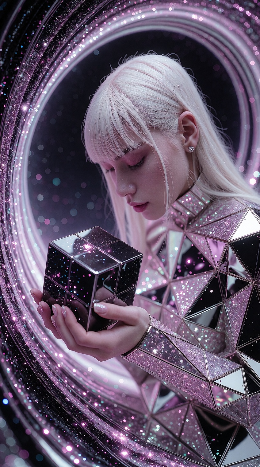 { "high_level_description": "A high-fashion avant-garde portrait of an Korean woman with long white hair,  wearing a geome...