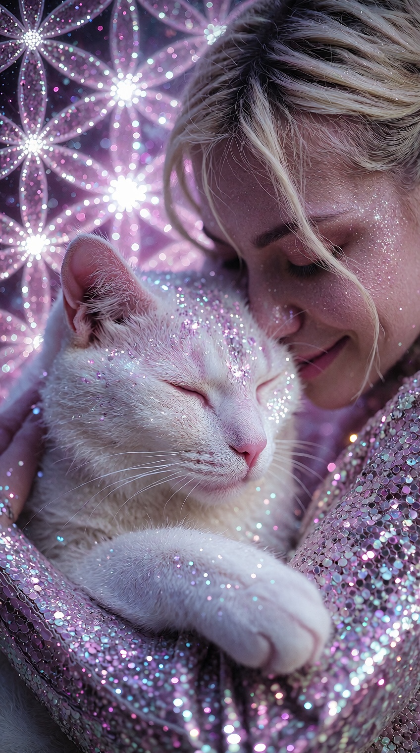 { "high_level_description": "A close-up portrait of a blonde Asian woman tenderly hugging a fluffy white cat,  pressing it...