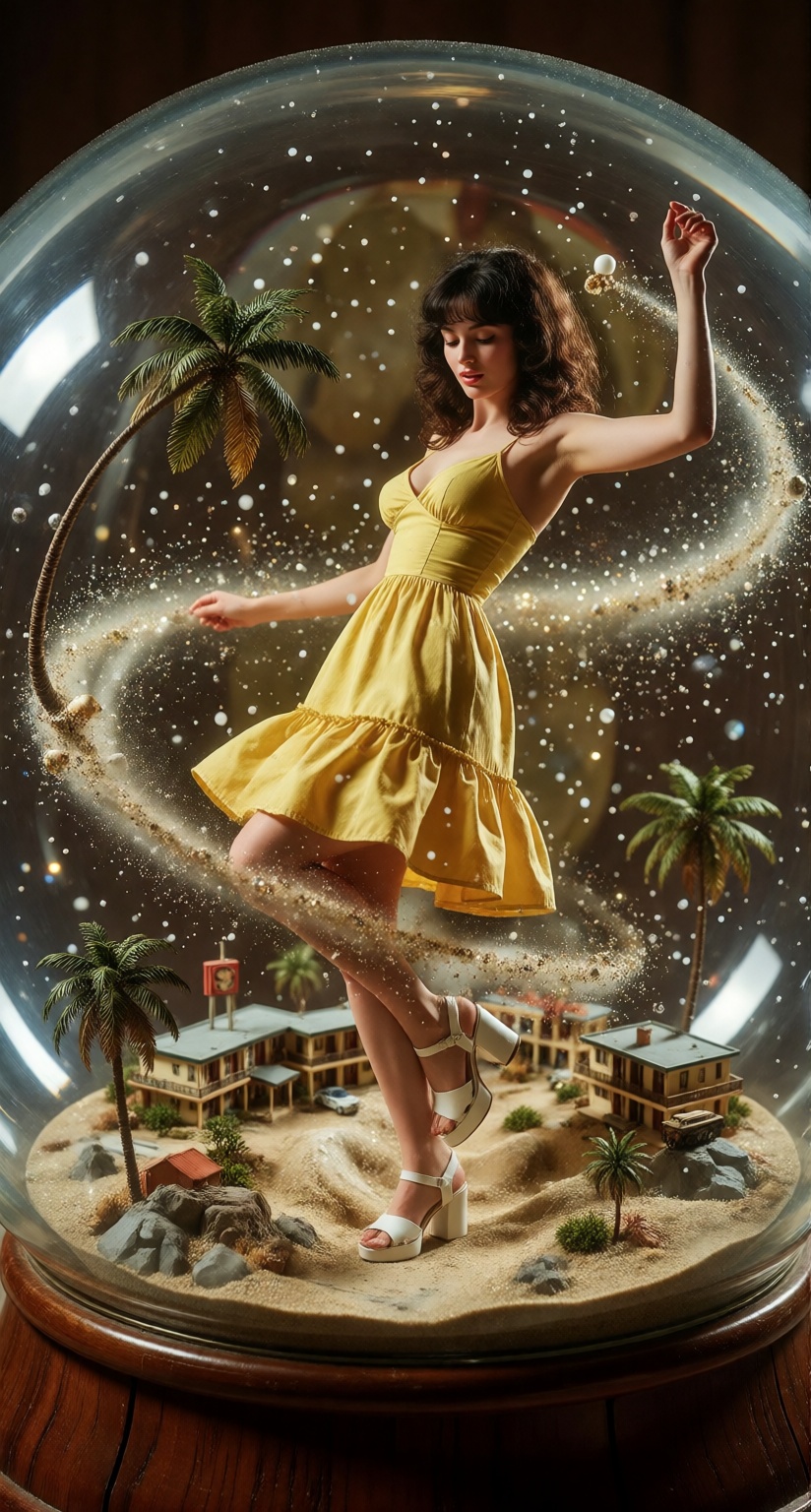 A beautiful 22-year-old woman inside a gigantic transparent vintage snow globe,  spinning playfully as glitter and golden...
