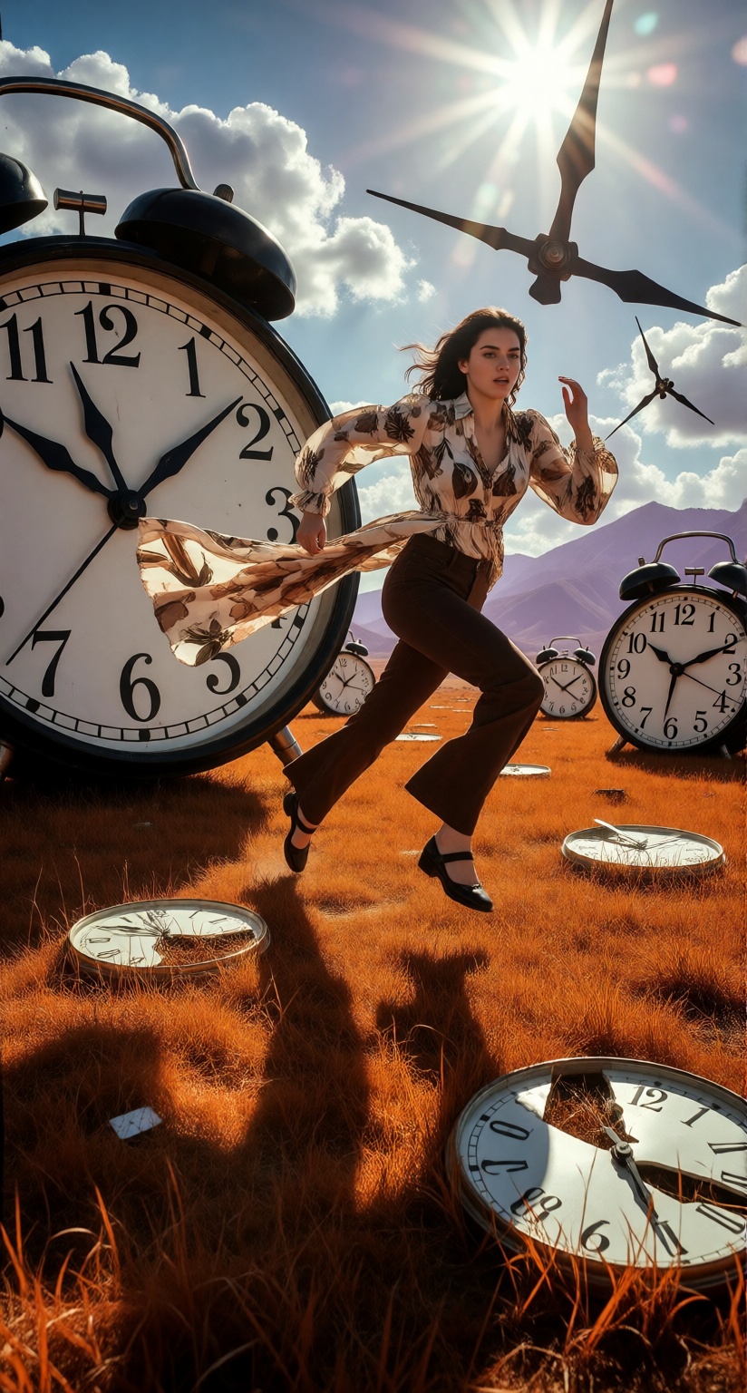 A beautiful 22-year-old woman sprinting through a surreal field of gigantic vintage alarm clocks,  flared trousers and a f...