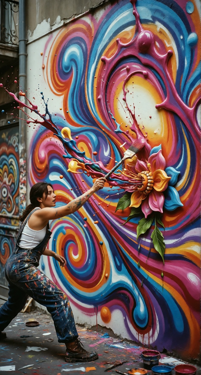 A beautiful 22-year-old woman street artist wearing paint-splattered 1970s overalls,  lunging forward with a long paintbru...