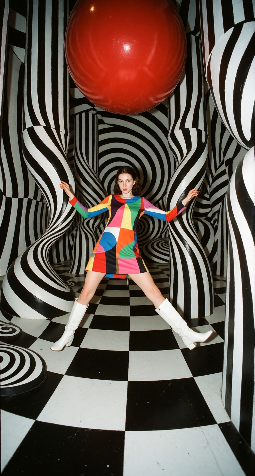 A stylish 22-year-old woman confidently leaping across an enormous black-and-white optical illusion maze,  colorful geomet...