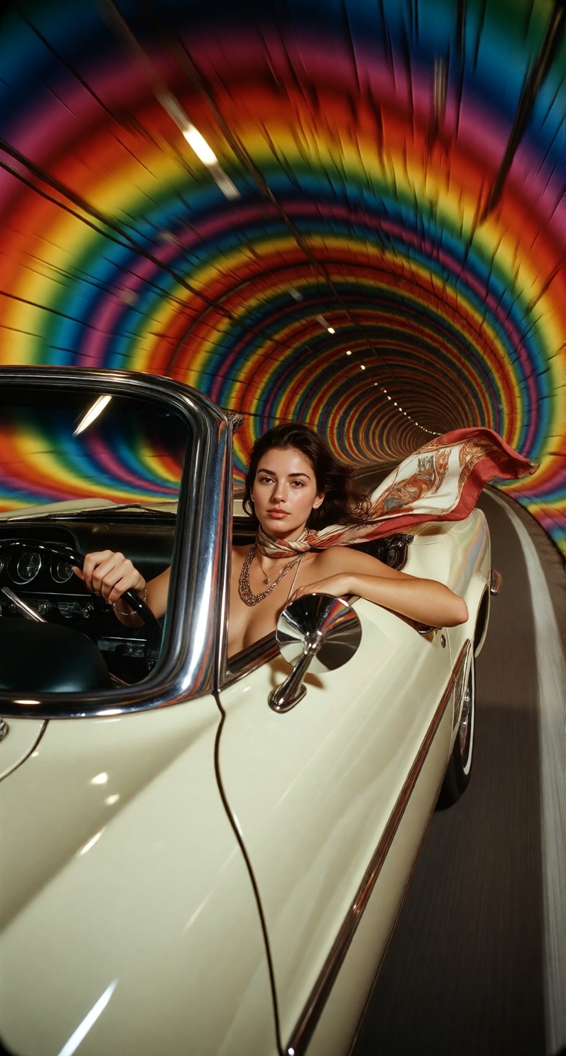 A confident 22-year-old woman driving a vintage cream-colored 1970s convertible through an enormous psychedelic tunnel,  o...