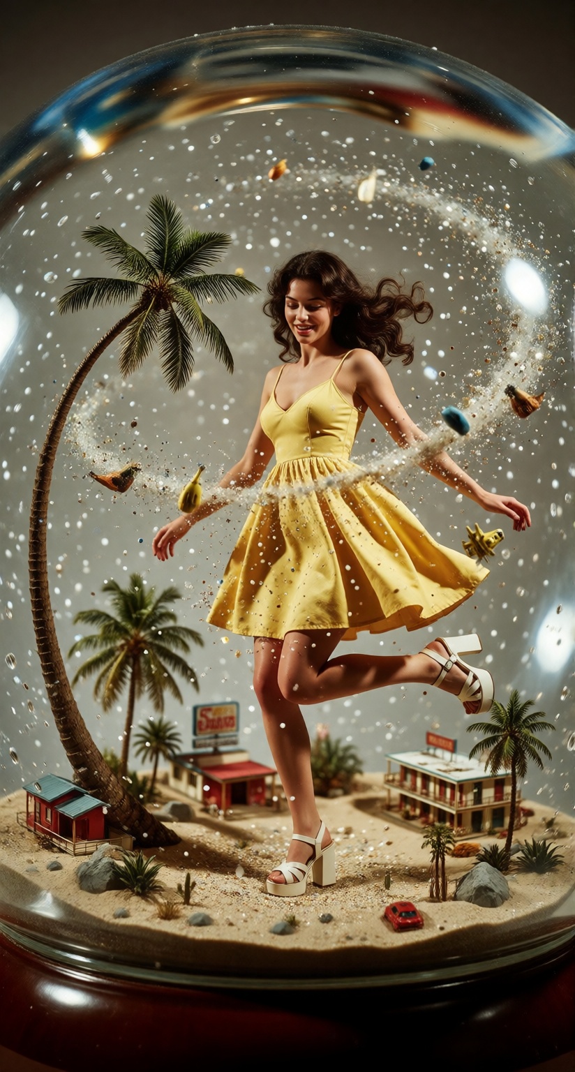 A beautiful 22-year-old woman inside a gigantic transparent vintage snow globe,  spinning playfully as glitter and golden...