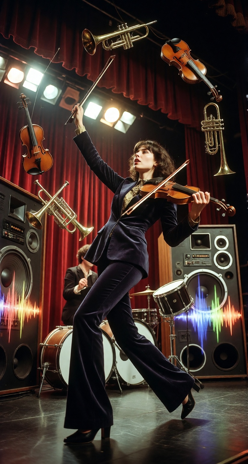 A charismatic 22-year-old woman conducting a surreal orchestra on a vintage 1970s theater stage,  her arms sweeping dramat...