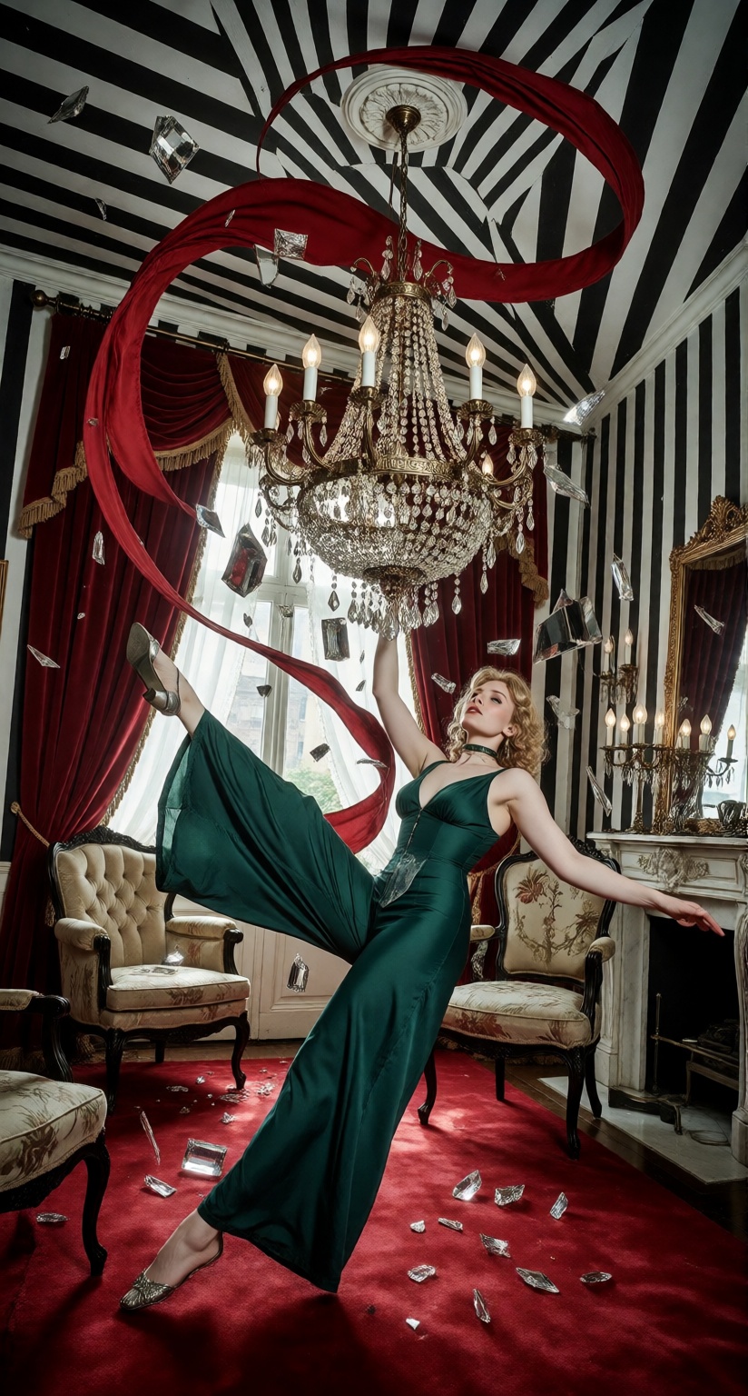 A daring 22-year-old woman performing a theatrical acrobatic pose while holding a safely suspended oversized vintage chand...