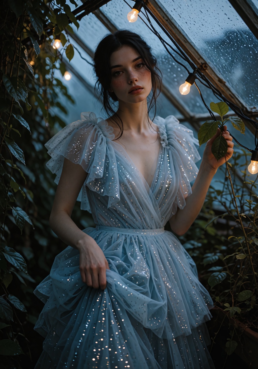 A waist-up portrait of a young woman with pale skin and dark hair pinned up with loose strands falling along her neck,  st...
