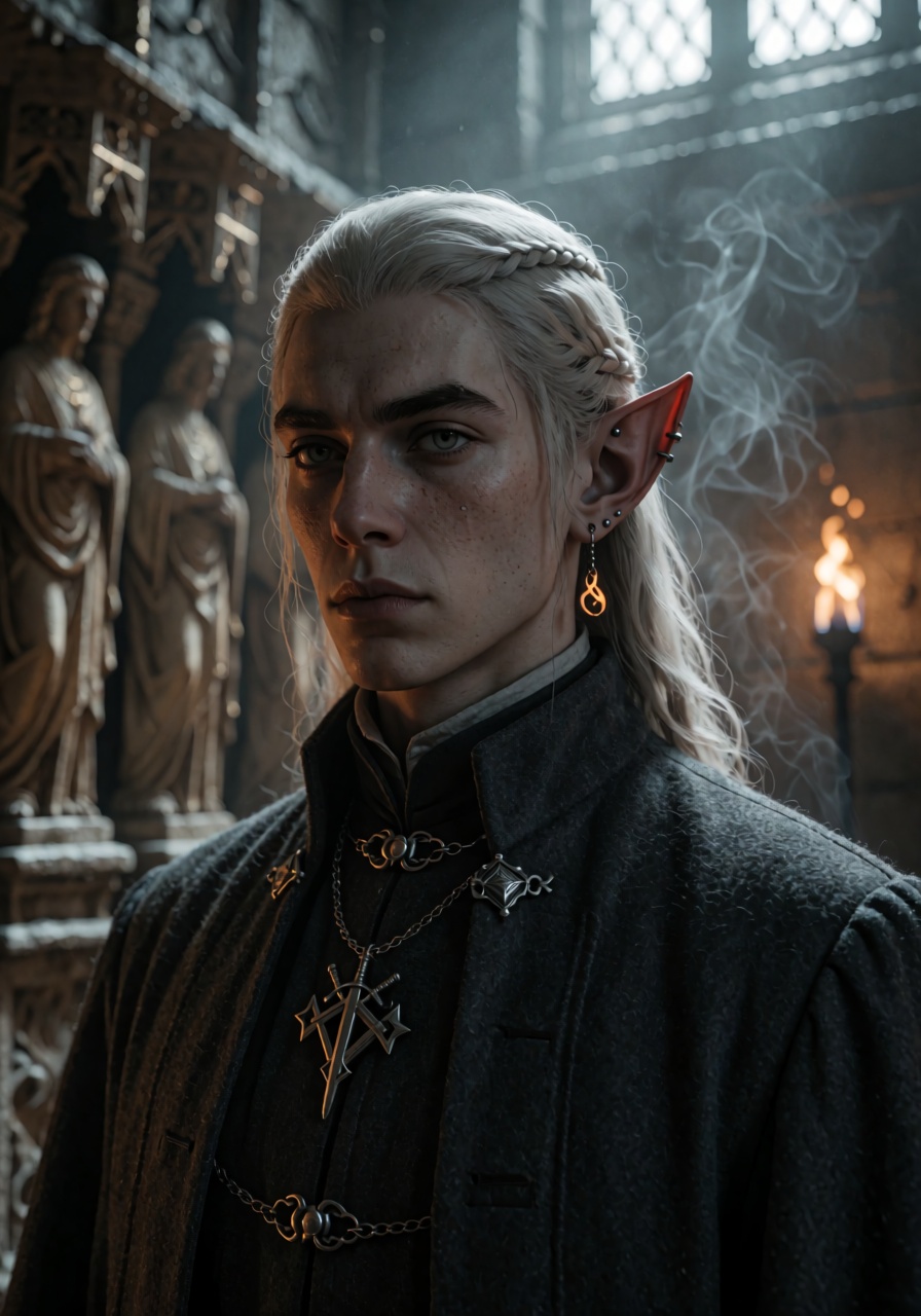 A dark portrait of a young elf-like inquisitor with tall tapered ears pierced with tiny silver studs climbing the cartilag...