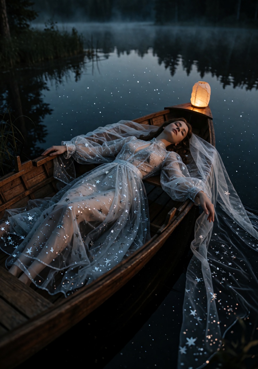 A high-detail portrait of an ***** woman reclining in the bow of a wooden rowboat drifting on a black mirror-still lake at...