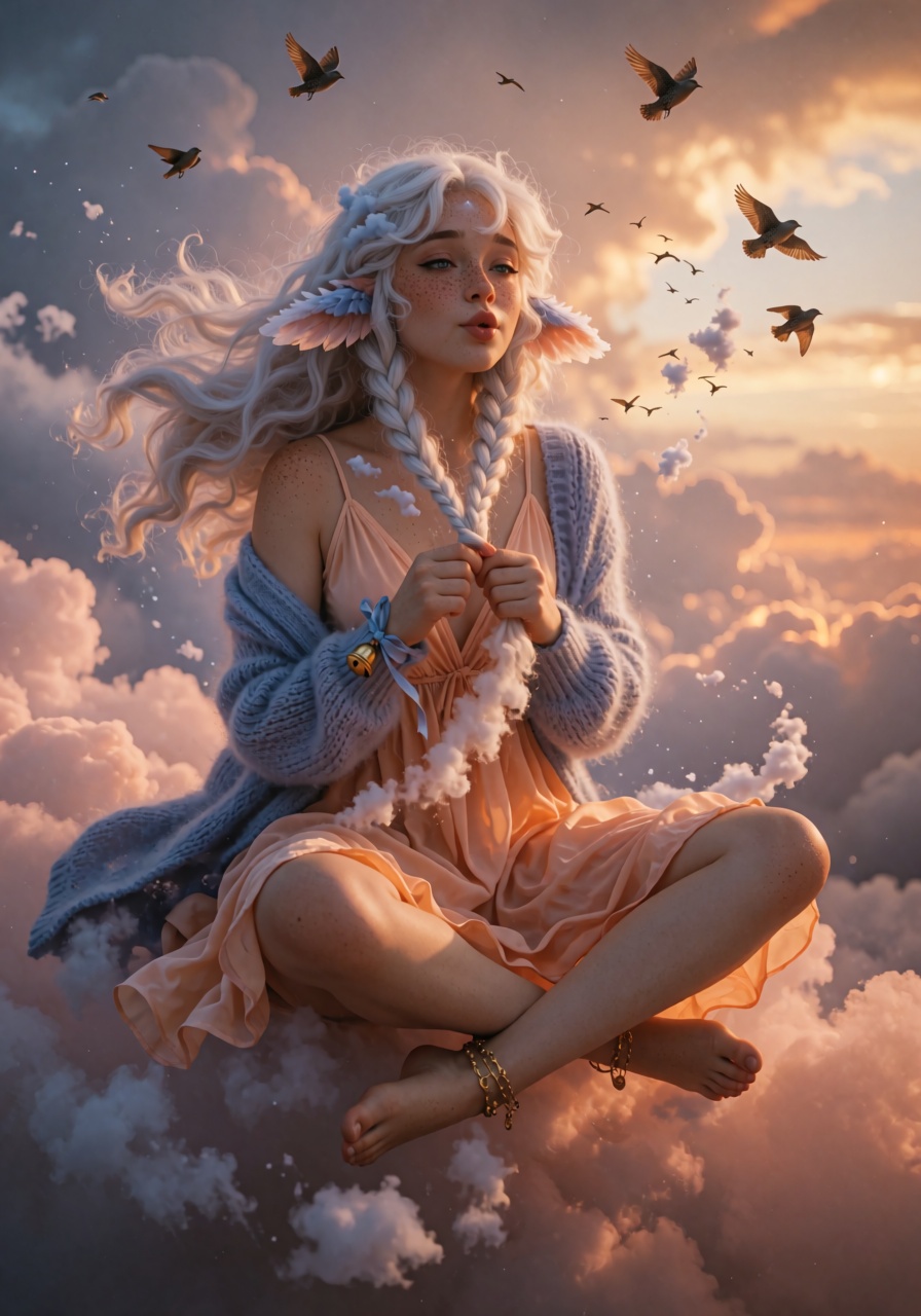 A whimsical,  high-detail fantasy portrait of a cloud-nymph woman floating cross-legged a hand's width above a sunset clou...