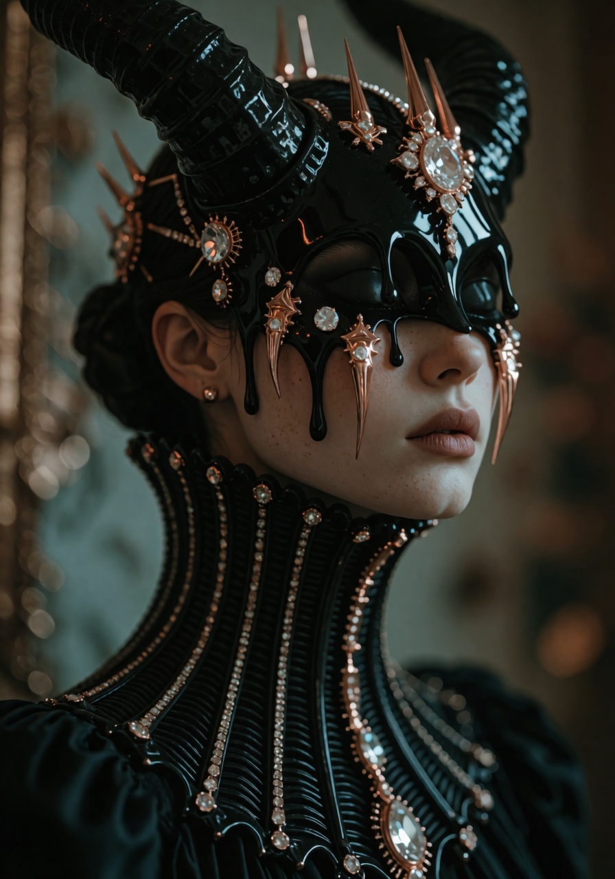 Surreal baroque-cyberpunk portrait of a silent goddess in three-quarter profile,  wearing a glossy obsidian horned mask th...
