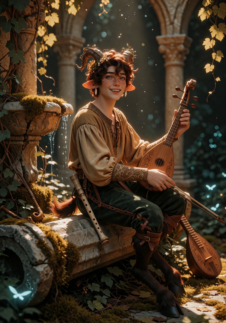 high-detail fantasy portrait of a young satyr minstrel seated on a mossy fallen column in a ruined Romanesque cloister,  c...