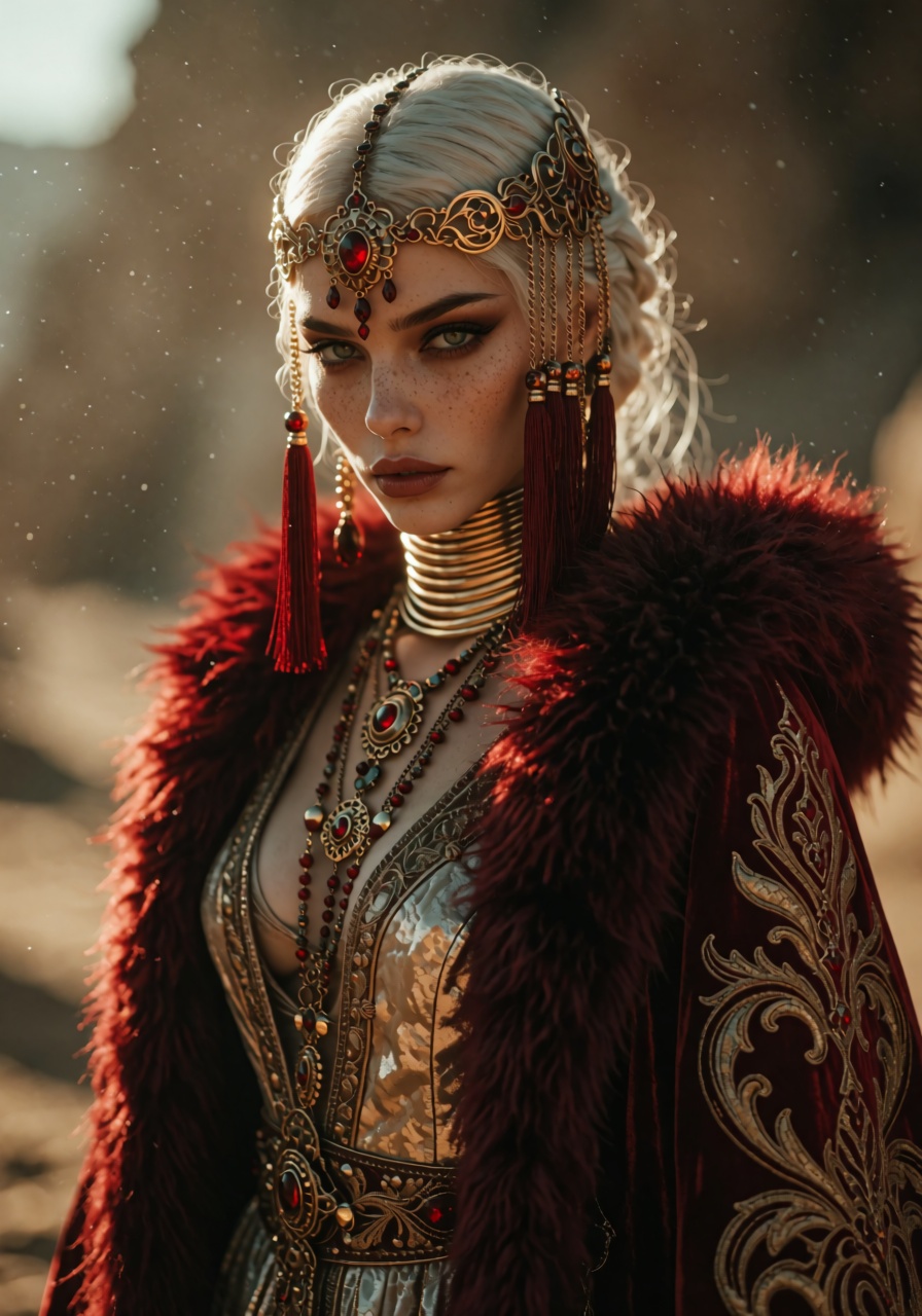 Regal female portrait,  waist-up three-quarter pose in a sunlit desert,  platinum-white hair pulled back on Tensor.Art