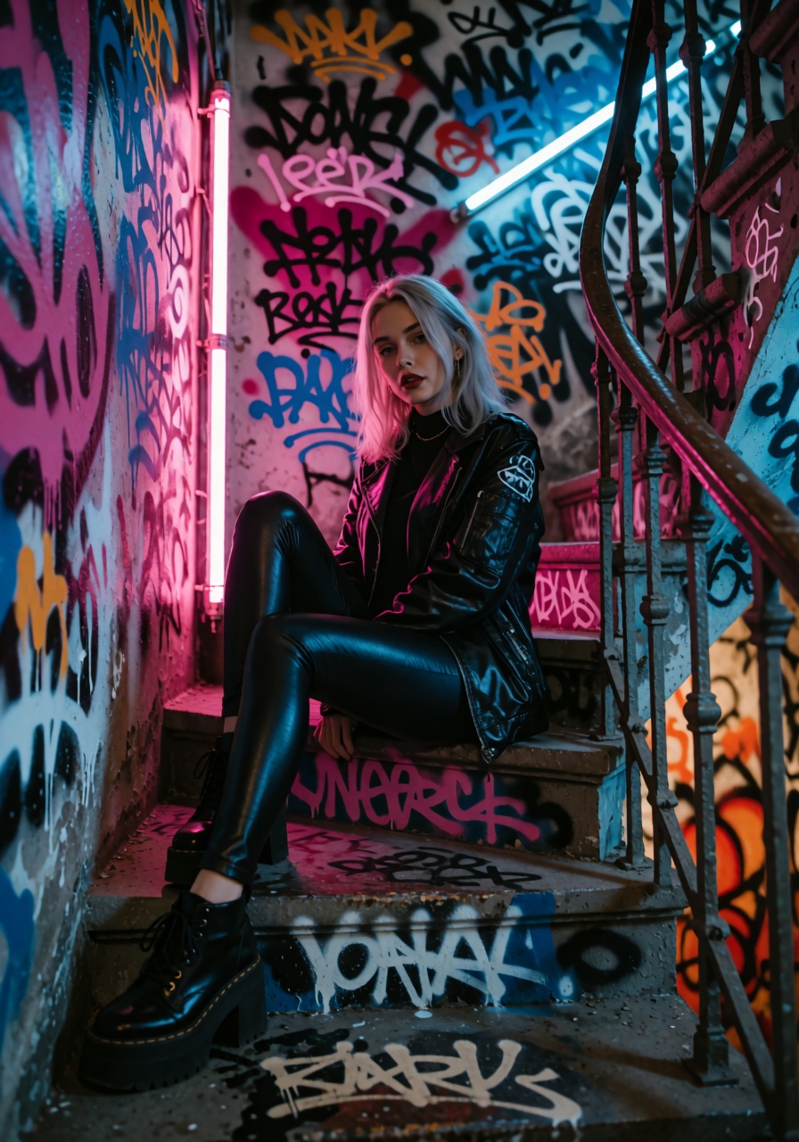 A woman with light-colored hair and dark lipstick is positioned in a seated pose on a set of concrete stairs within an urb...
