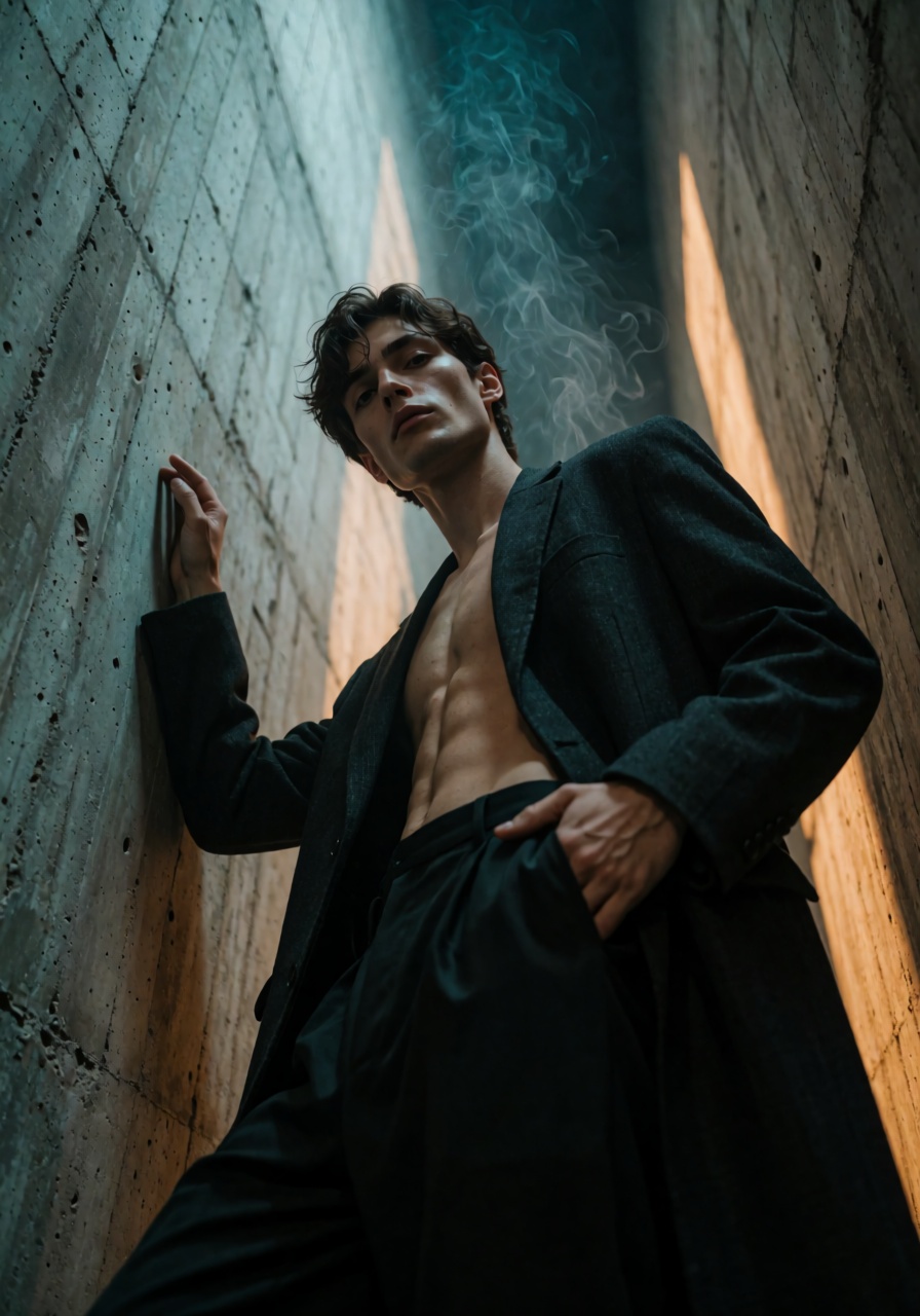 A tall male fashion model with sharp cheekbones and slightly tousled dark hair stands between towering brutalist concrete...