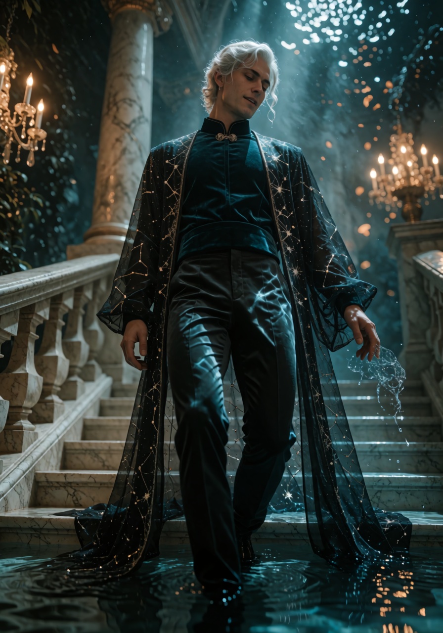 A high-detail portrait of an ***** man descending a grand marble staircase in a roofless flooded palace at midnight,  shot...