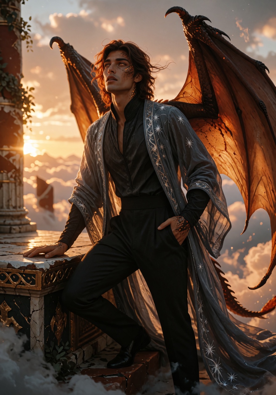 Framing: knee-up portrait,  slight low angle,  shot from below the altar steps. Character: A dragon-blooded man on Tensor.Art