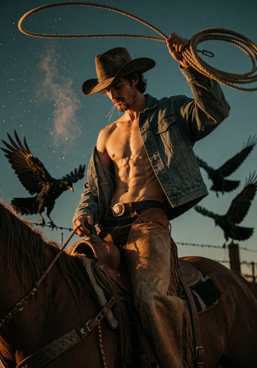A low-angle fashion editorial photograph of a wiry,  rope-muscled male cowboy standing in the stirrups of a motionless hor...