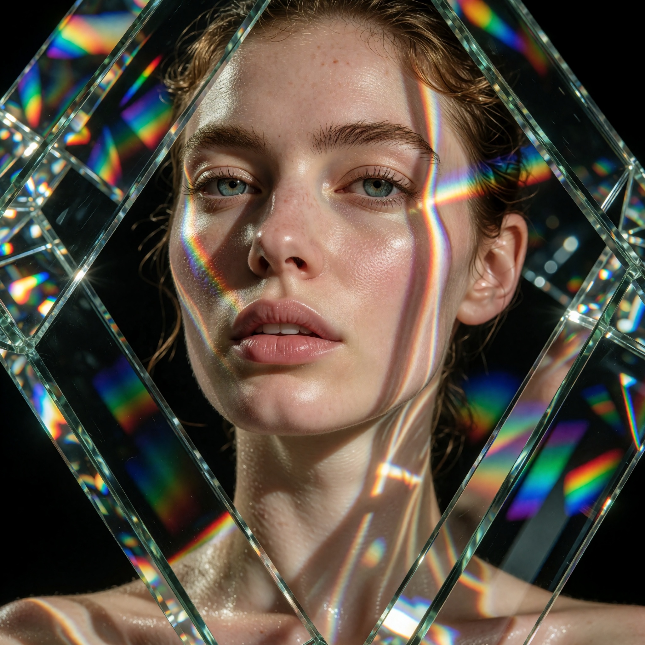breathtaking editorial portrait of a beautiful woman surrounded by enormous translucent optical glass prisms,  spectacular...