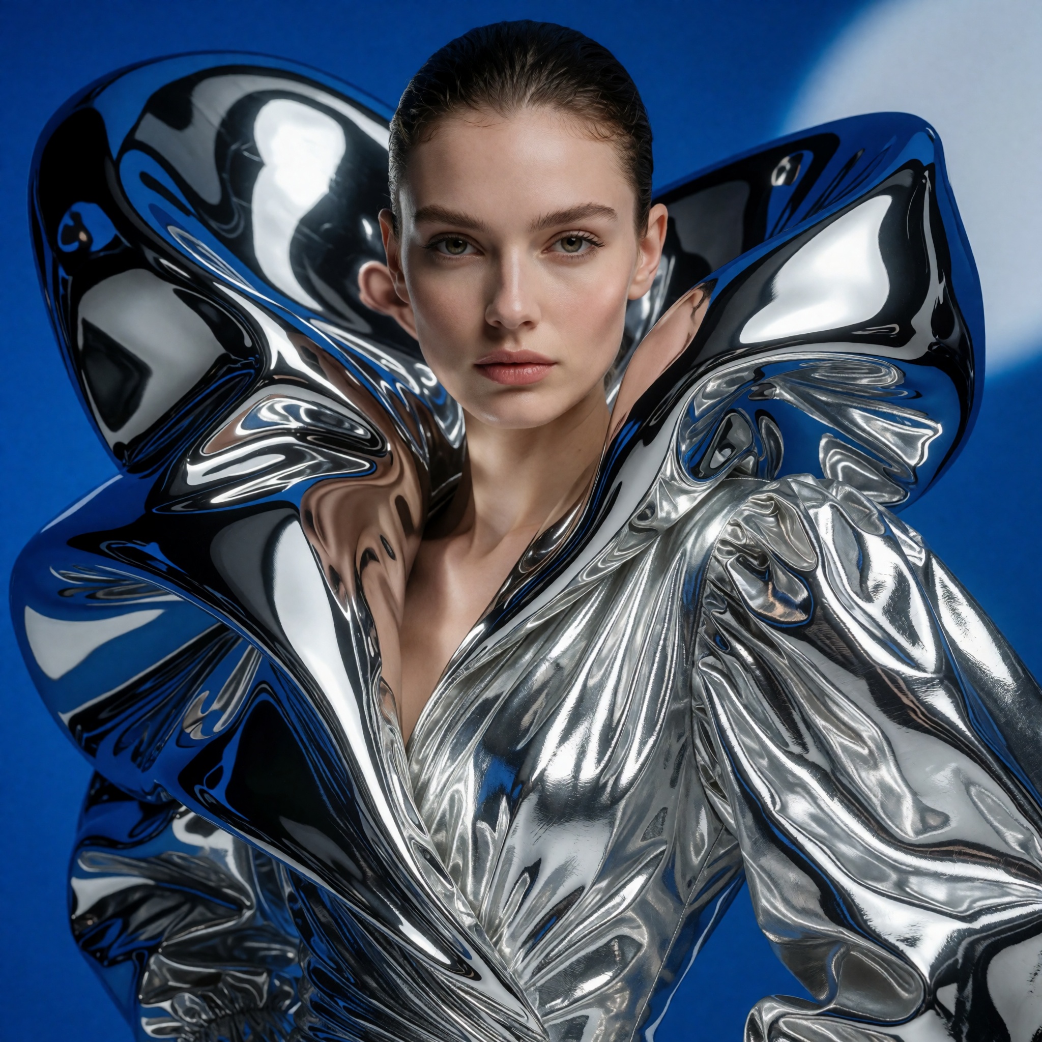 extraordinary high-fashion female model,  sculptural silver metallic couture,  wet-look slicked-back hair on Tensor.Art