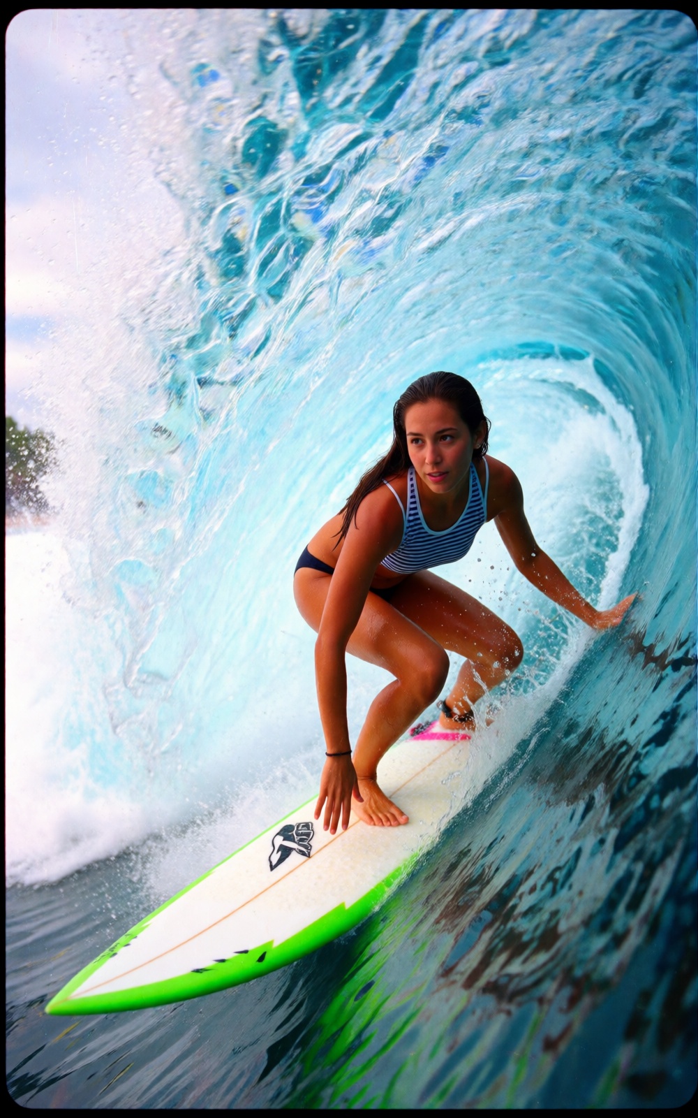 Pure barrel magic. She's tucked deep inside a glassy,  turquoise tube,  crouched low on her board on Tensor.Art