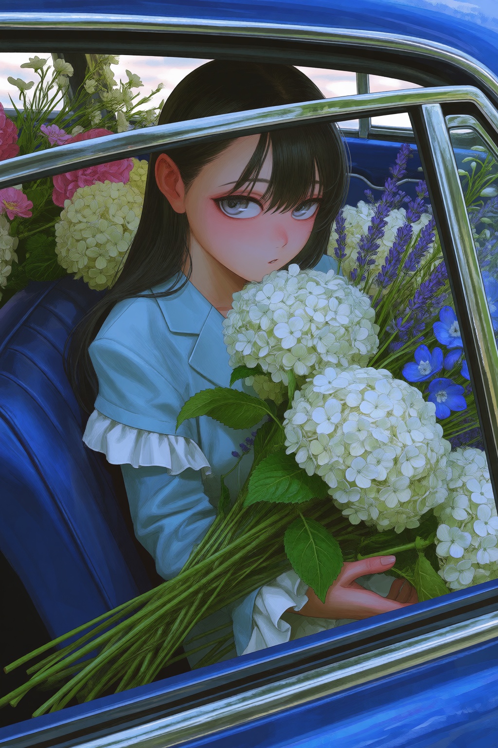 Kanikumitoistyle,  In a high-angle medium shot peering through the window of a vintage blue car,  a young woman with long...